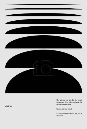 Illustration for Abstract black arcs on a white background with text on vision and perception. Modern aesthetics, minimalist art. Artistic print for optical stores, emphasizing vision clarity and eye health. - Royalty Free Image