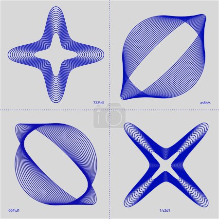 Téléchargez les illustrations : Quatre formes géométriques bleues avec une étoile et des harmoniques sphériques sur fond gris pointillé. Esthétique moderne, art minimaliste. Eléments graphiques pour la marque spécialisée dans les logiciels de visualisation 3D - en licence libre de droit