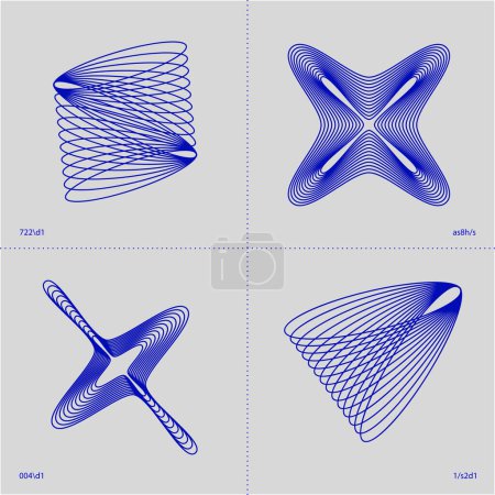 Illustration for Four geometric line patterns creating abstract three-dimensional shapes on grey grid. Modern aesthetics, minimalist art. Vector design for creative cover, poster and ad. - Royalty Free Image