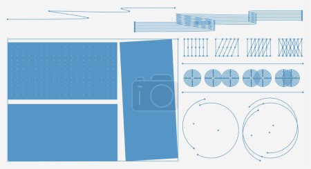 Téléchargez les illustrations : Dessins schématiques de style Blueprint de divers composants, formes géométriques en couleur bleue sur fond blanc. Esthétique moderne, art minimaliste. Conception vectorielle pour couverture créative, affiche et publicité. - en licence libre de droit