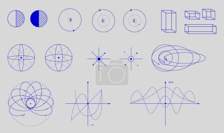 Ilustración de Conjunto de varios diagramas matemáticos y geométricos, formas en color azul sobre fondo claro. Ciencia. Estética moderna, arte minimalista. Diseño vectorial para portada creativa, póster y anuncio - Imagen libre de derechos
