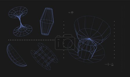 Ilustración de Ilustración abstracta de varias formas geométricas sobre fondo negro con notaciones matemáticas. Estética moderna, arte minimalista. Diseño vectorial para portada creativa, póster y anuncio - Imagen libre de derechos