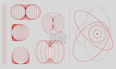 Illustrationen von Magnetfeldlinien und Bahnwegen in rot auf weißem Hintergrund. Abstrakte geometrische Formen. Moderne Ästhetik, minimalistische Kunst. Vektor-Design für kreatives Cover, Plakat und Werbung