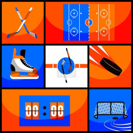 Téléchargez les illustrations : Collage créatif. Ensemble d'articles de hockey en couleurs bleu et orange - patins, patinoire, bâton et rondelle, tableau de pointage. Concept d'attributs sportifs, jeu, compétition et tournoi. Affiche, bannière, annonce - en licence libre de droit