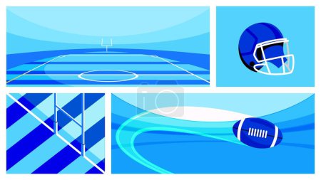 Illustration for Creative collage. Abstract football-themed illustration in blue color of field, helmet, goalpost, and ball in motion.. Concept of sport attributes, game, competition and tournament. Poster, banner, ad - Royalty Free Image