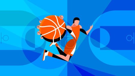 Téléchargez les illustrations : Image abstraite dynamique du joueur de basket en uniforme orange en mouvement, sautant avec une balle sur fond bleu. Concept d'attributs sportifs, jeu, compétition et tournoi. Affiche, bannière, annonce - en licence libre de droit