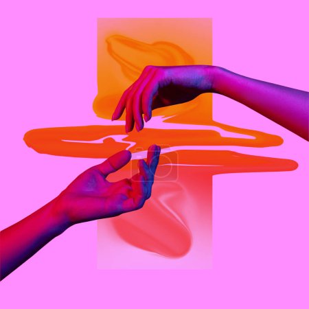 Illustration for Vector illustration. Light touch of hands. Contemporary art collage. Modern design work in neon trendy colors. Tender human hands. Stylish and fashionable composition, youth culture. - Royalty Free Image