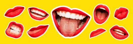 Ilustración de Ilustración vectorial. collage estilo revista con labios femeninos sobre fondo amarillo brillante. Sonrisas, gritos en la boca, arañazos, emociones diferentes. Diseño moderno, arte creativo, concepto de emociones. - Imagen libre de derechos