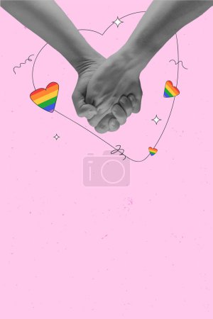 Ilustración de Manos monocromas sosteniendo sobre el corazón del arco iris, símbolo de LGBTQIA sobre fondo rosa. collage de arte contemporáneo. LGBT, igualdad, mes del orgullo, apoyo, amor, concepto de derechos humanos - Imagen libre de derechos