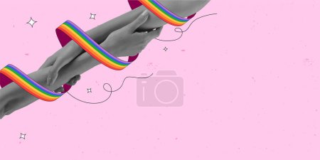 Ilustración de Unidad y libertad. Manos humanas sosteniendo con colorido arco iris alrededor de las manos contra el fondo rosa. collage de arte contemporáneo. LGBT, igualdad, mes del orgullo, apoyo, amor, concepto de derechos humanos - Imagen libre de derechos
