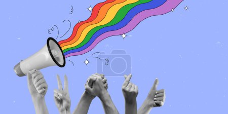 Ilustración de Megáfono con arco iris que aparece y levantó las manos humanas que muestran apoyo a la comunidad LGBT contra el fondo púrpura. collage de arte contemporáneo. LGBT, igualdad, mes del orgullo, apoyo, amor, derechos humanos - Imagen libre de derechos
