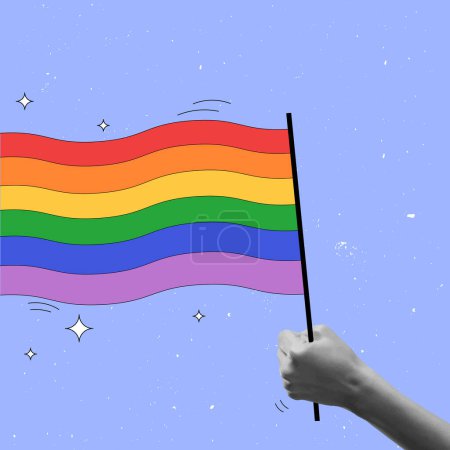 Ilustración de Mano sosteniendo la bandera del arco iris que simboliza el apoyo de la comunidad LGBT y la libertad de amor contra el fondo morado. Obras de arte contemporáneo. LGBT, igualdad, mes del orgullo, apoyo, amor, concepto de derechos humanos - Imagen libre de derechos
