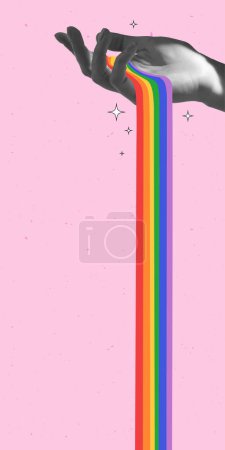 Ilustración de El colorido arco iris se derrama de la mano, representando el mensaje de la comunidad LGBTQ de inclusión y amor para todos contra el fondo rosa. collage de arte contemporáneo. LGBT, igualdad, mes del orgullo, apoyo, amor - Imagen libre de derechos