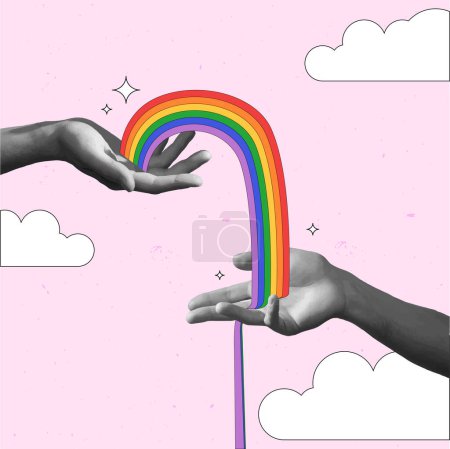 Herz gefüllt mit Regenbogenfarben wird sanft von zwei Händen gehalten, die Liebe und Einheit vor rosa Hintergrund symbolisieren. Collage zeitgenössischer Kunst. LGBT, Gleichberechtigung, Stolz, Unterstützung, Liebe, Menschenrechte