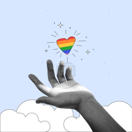 Ilustración de La esperanzadora imagen de la mano alcanzando el corazón del arco iris captura el viaje de la comunidad LGBTQ hacia la igualdad contra el fondo azul. collage de arte contemporáneo. LGBT, igualdad, mes del orgullo, apoyo, amor - Imagen libre de derechos