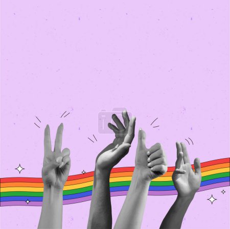 Ilustración de Diversa gama de manos se unen con el arco iris de cuerda de arco iris sobre fondo rosa. Arte contemporáneo. Espíritu para la aceptación de la comunidad LGBT. Igualdad, mes del orgullo, apoyo, amor, derechos humanos - Imagen libre de derechos