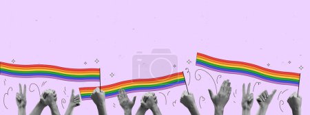 Ilustración de Diversa gama de manos se unen con el arco iris de cuerda de arco iris sobre fondo rosa. Arte contemporáneo. Espíritu para la aceptación de la comunidad LGBT. Igualdad, mes del orgullo, apoyo, amor, derechos humanos - Imagen libre de derechos