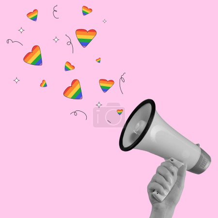 Ilustración de El megáfono del corazón del arco iris con ondas sonoras coloridas representa la comunidad LGBTQ, la libertad y la aceptación contra el fondo rosa. Arte contemporáneo. LGBT, igualdad, mes del orgullo, apoyo, amor, concepto - Imagen libre de derechos