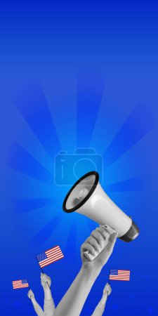Illustration for Sharing American Values People hands with American lags and megaphone against blue background. Vector illustration. Independence Day of America, history, patriotism, 4th of July. Vertical layout. - Royalty Free Image