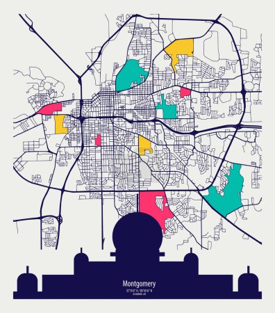 Vektorkarte der Stadt Montgomery, Alabama, Bundesstaat der Vereinigten Staaten für Hauswände und Poster