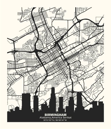 vector map of the city of Birmingham, Alabama, United States. Black and white for home walls and posters