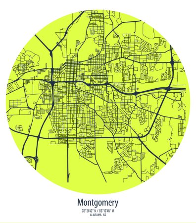 Vektorkarte der Stadt Montgomery, Alabama, Bundesstaat der Vereinigten Staaten für Hauswände und Poster