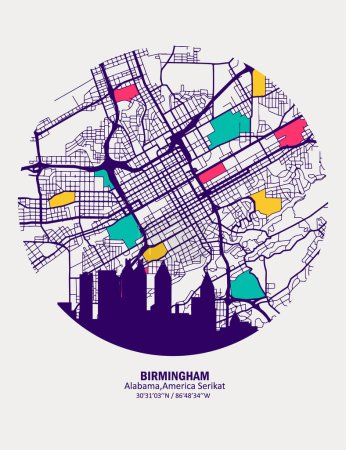 Abstract vector map of the city of Birmingham, Alabama, United States, with color combinations for walls and home posters