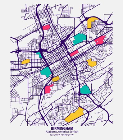 Abstrakte Vektorkarte der Stadt Birmingham, Alabama, USA, mit Farbkombinationen für Wände und Poster