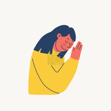 The woman folded her hands in prayer or makes a respectful bow. Smiling character makes namaste. Respectful gestures. Vector illustrations.