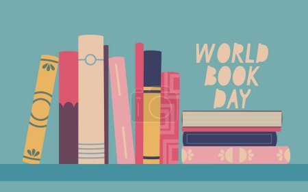Illustration for World book day. Book spines. Bookshelf with various books. Vector isolated illustration for design. - Royalty Free Image