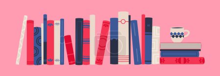 Book spines. large bookshelf with various books. Vector isolated illustration in pink blue colors. Web banner.