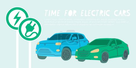 C'est l'heure des voitures électriques. Voitures vertes et bleues. Panneau routier prioritaire pour voiture électrique et panneau de borne de recharge. Illustration vectorielle plate chronométrée pour interdire les voitures essence et diesel en Europe.