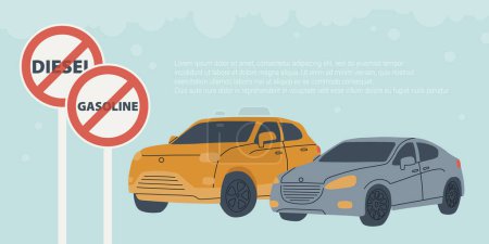 Prohibición de los automóviles de gasolina y diesel en Europa hasta 2035. Dos coches diferentes con señales de tráfico prohibitivas gasolina y diesel. Ilustración plana del vector.