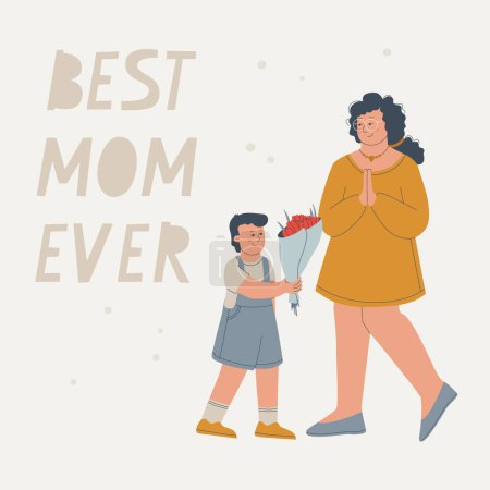 Ilustración de Text best mom ever. A young woman with glasses accepts flowers from her son. Boy giving a bouquet of flowers to his mother. Mother's day card. - Imagen libre de derechos