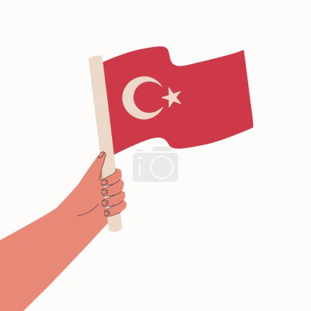 Téléchargez les illustrations : Drapeau turc. Main tient le drapeau du pays. Illustration vectorielle de dessin animé. - en licence libre de droit