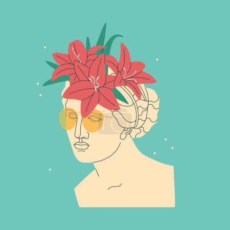 Illustration for Decorative ancient Greek goddess woman. Antique sculpture with a bouquet of lily flowers on its head and wearing sunglasses. Vector isolated trend illustration. - Royalty Free Image