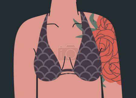 Ilustración de Busto de las mujeres en un sujetador o camiseta de natación. Parte superior del cuerpo femenino en ropa interior. Cuerpo femenino con un tatuaje de rosa en el hombro. Ilustración de tendencia vectorial para diseño. - Imagen libre de derechos