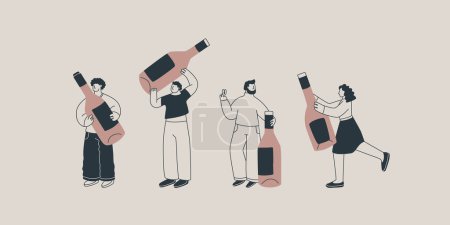 Téléchargez les illustrations : Ensemble d'illustrations de personnages mignons avec d'énormes bouteilles de vin. Les hommes et les femmes tiennent des bouteilles géantes. Pour la conception de cartes postales, affiches ou invitations. - en licence libre de droit