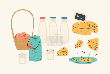 Illustration for Composition of dairy products and eggs. Fair of local products. Cheese, milk and eggs. Vector isolated elements with textures. - Royalty Free Image