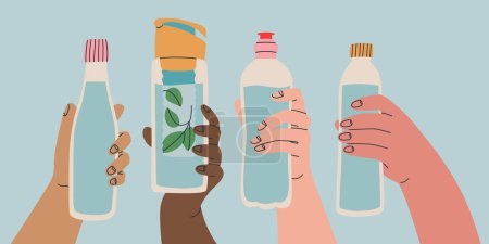 Reusable water container. Various poses of hands holding bottle, tumbler, sports water bottle. Use your own bottle. Vector isolated illustration for design.