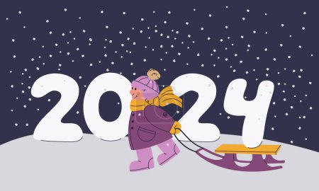 Illustration for Cute child is sledding the snow figures of 2024. Christmas and New Year illustration for the design of cards, banners, stickers. Vector cartoon isolated illustration. - Royalty Free Image