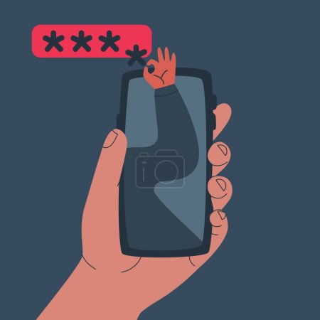 Malicious programs or applications on smartphone that steal passwords and PIN codes. Virus in mobile application that hacks personal data. Vector flat illustration.