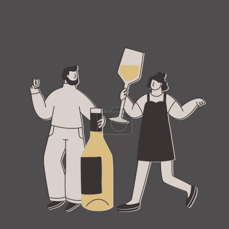 Illustration for Cute man and woman with a huge bottle of white wine and a huge glass. Funny exaggerated characters for design on the theme of wine or alcoholic beverages. Vector flat illustration. - Royalty Free Image