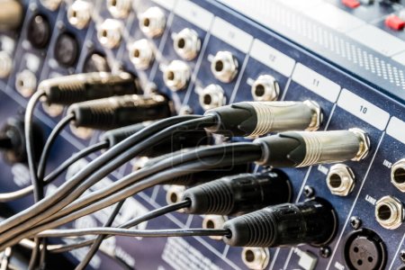 Photo for Cables connected to the audio mixer - Royalty Free Image