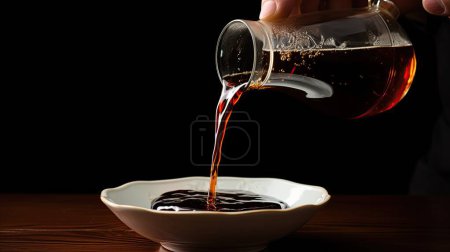 Photo for Soy sauce is poured from a bowl onto a plate - Royalty Free Image