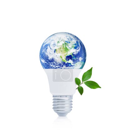 Téléchargez les photos : Earth globe inside led light bulb with fresh green tree leaves isolated on white background, Ecology saving power and energy concept, Elements of this image furnished by NASA - en image libre de droit