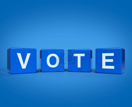 Téléchargez les photos : 3d rendu, illustration de la lettre VOTE sur cubes de bloc sur fond bleu clair, Concept d'élection et de vote - en image libre de droit