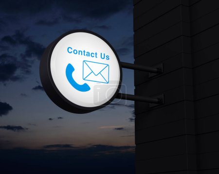 Photo for Telephone and email icon on hanging black rounded signboard over sunset sky, Business contact us and customer service concept, 3D rendering - Royalty Free Image