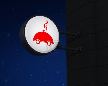 Téléchargez les photos : Restaurant cloche icône plate sur panneau noir suspendu arrondi sur ciel nocturne fantaisie, concept de livraison de nourriture d'affaires en ligne, rendu 3D - en image libre de droit