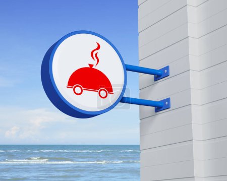 Téléchargez les photos : Restaurant cloche icône plate sur panneau bleu suspendu arrondi sur la mer tropicale et le ciel, concept de livraison de nourriture d'affaires en ligne, rendu 3D - en image libre de droit